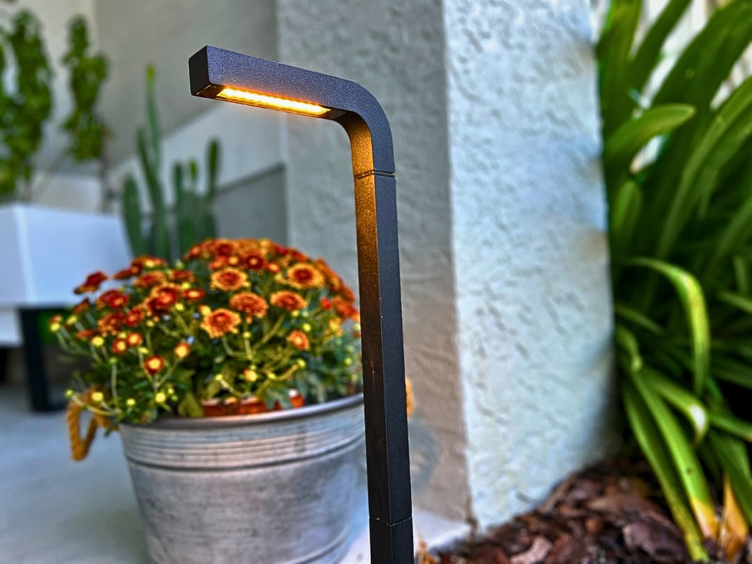 Outdoor light beside flowers